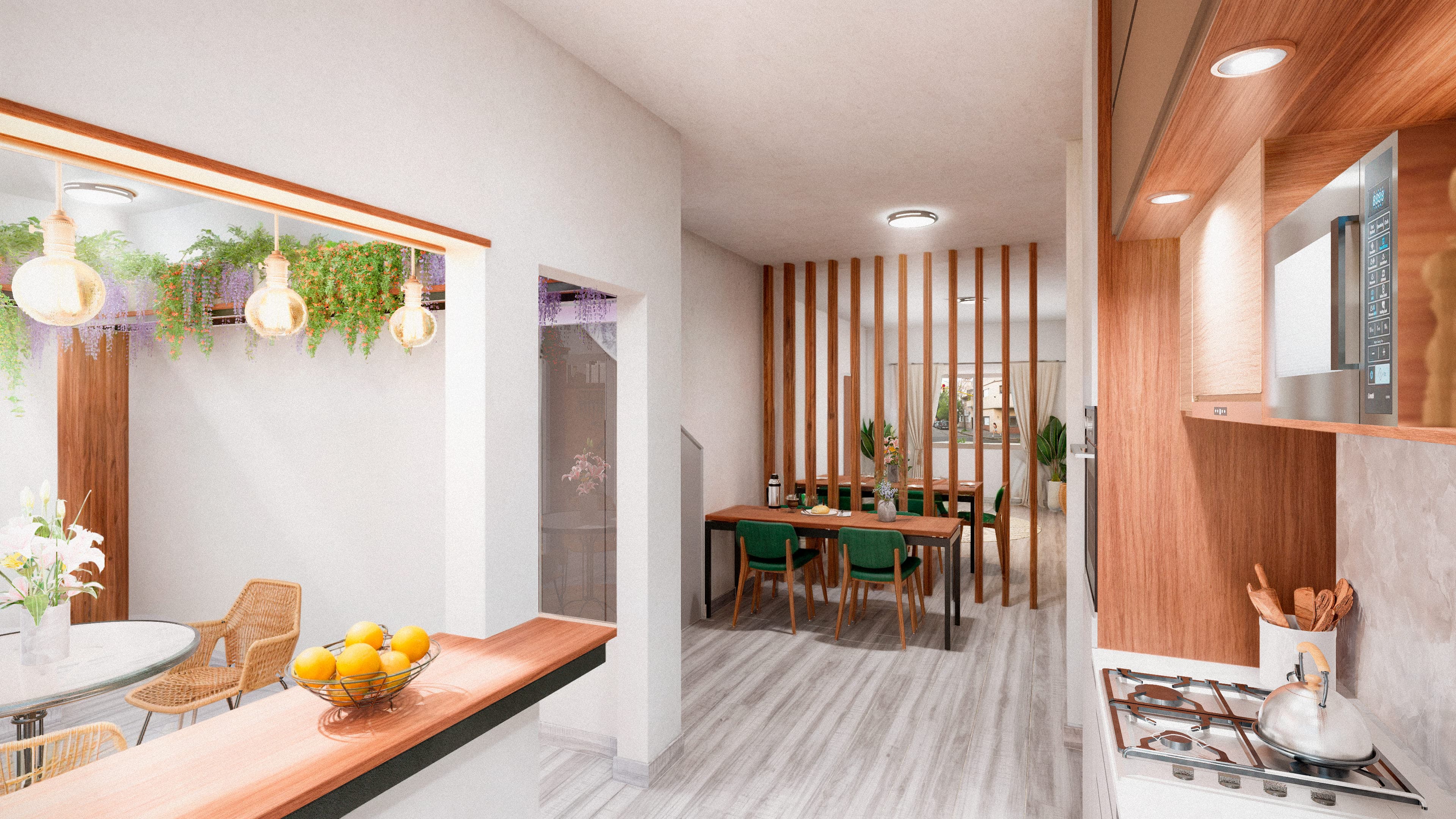 Render de cocina y comedor con listones de madera